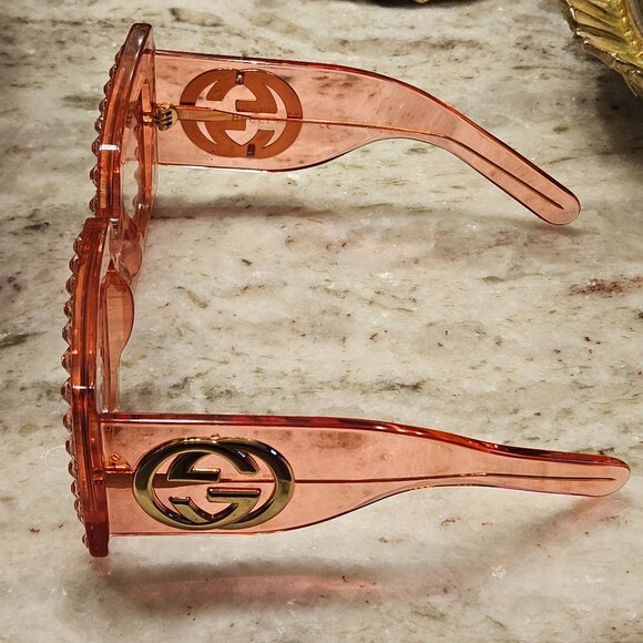GUCCI HOLLYWOOD FOREVER OVERSIZED SQUARE PINK EMBELLISHED CRYSTAL SUNGLASSES - Picture 4 of 7